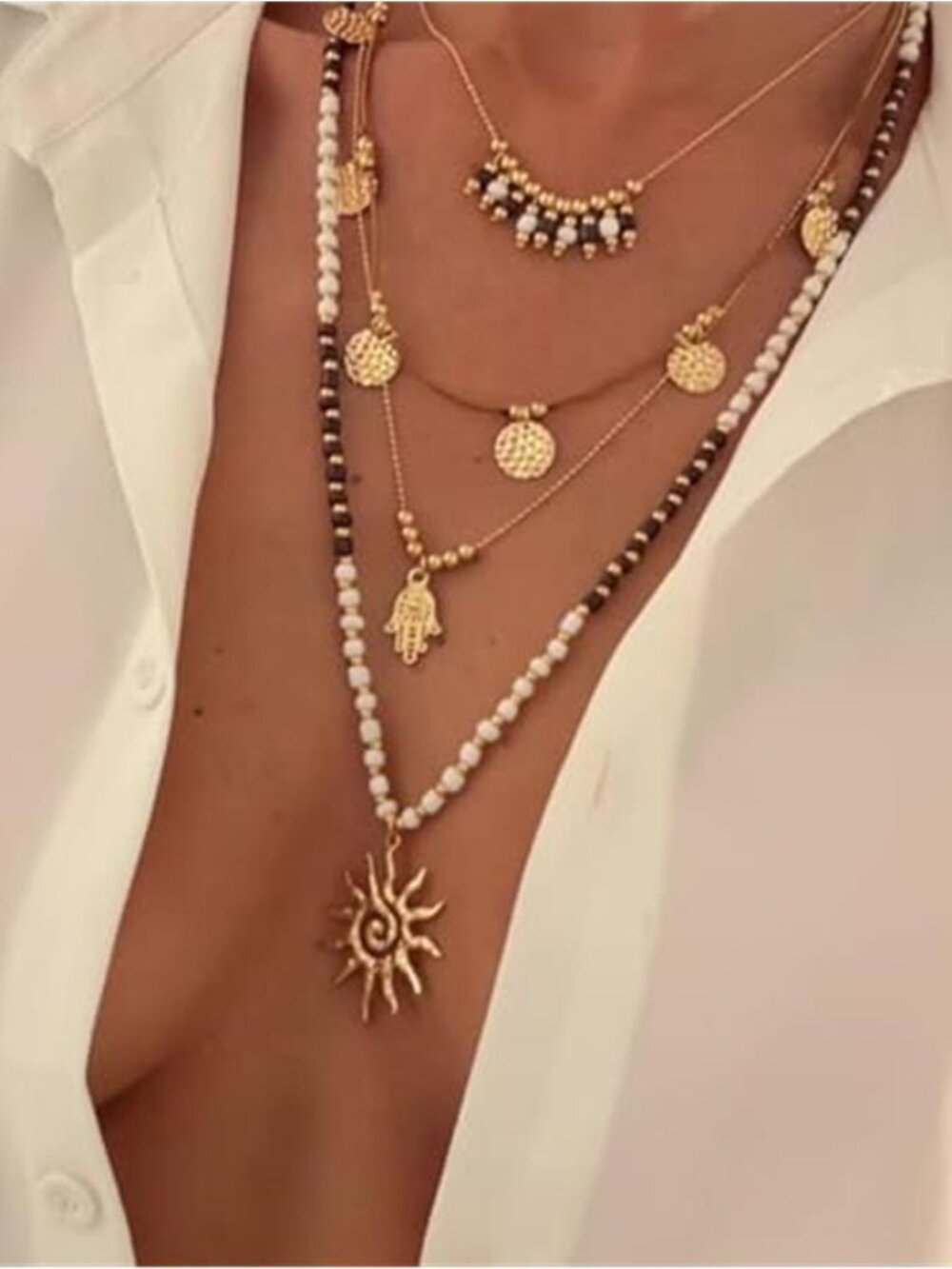 Boho Layered Beaded Necklace Sun Pendant Tassel Long Statement Jewelry - Picture 3 of 8